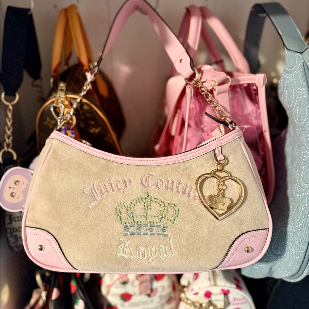 Juicy Couture Cream and Pink Shoulder Bag with Gold Accents